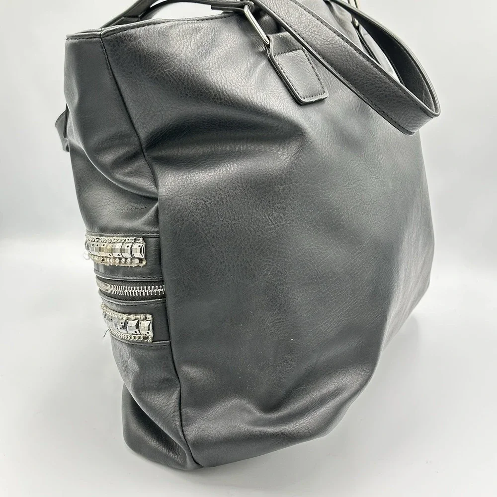 Faux Leather Black Silver Jeweled Large Shoulder Tote Bag 17 X 12 X 6 Edgy Chic